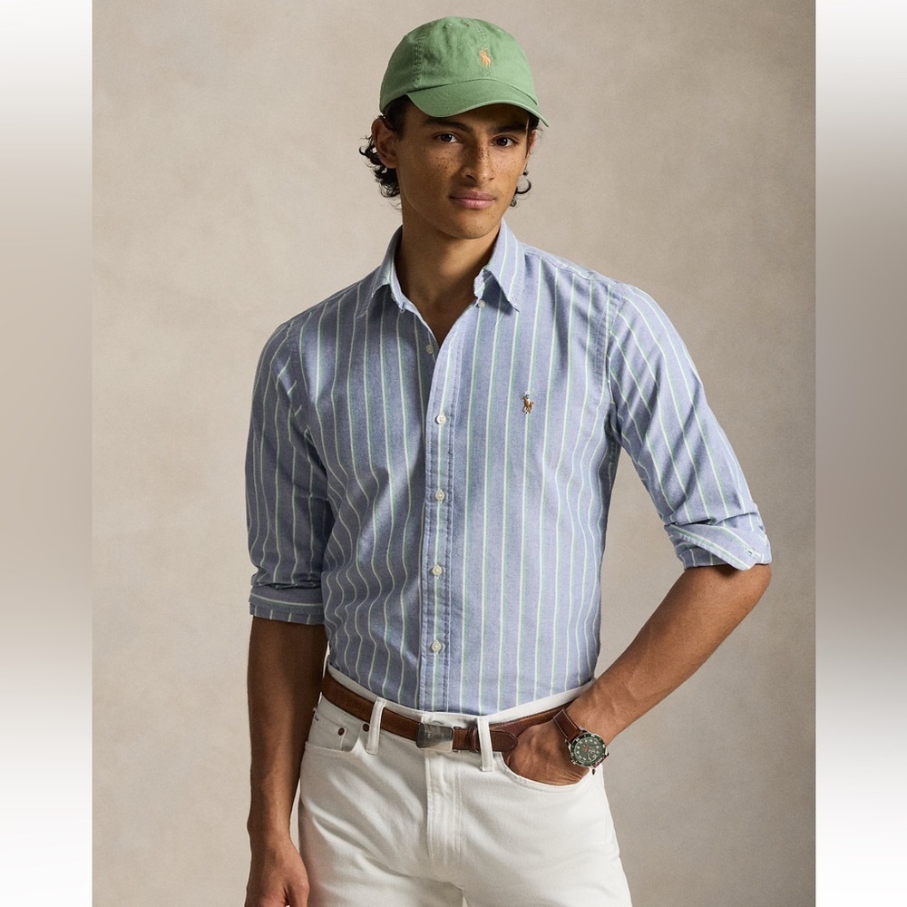 Ralph Lauren Men's Blue and light yellow Striped Shirt 100% Cotton